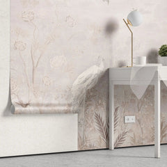 Tapet personalizat zen oriental cu pauni albi pe un fundal roz paled pink zen