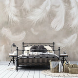 Tapet personalizat zen oriental cu pene albe pe un fundal bej feathers