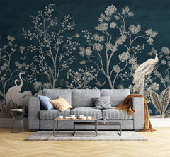 Tapet personalizat zen oriental cu pauni albi pe un fundal albastru inchis deep blue oriental