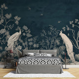 Tapet personalizat zen oriental cu pauni albi pe un fundal albastru inchis deep blue oriental