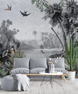 Tapet personalizat zen oriental cu peisaj exotic animale si plante tropicale exotic by the river