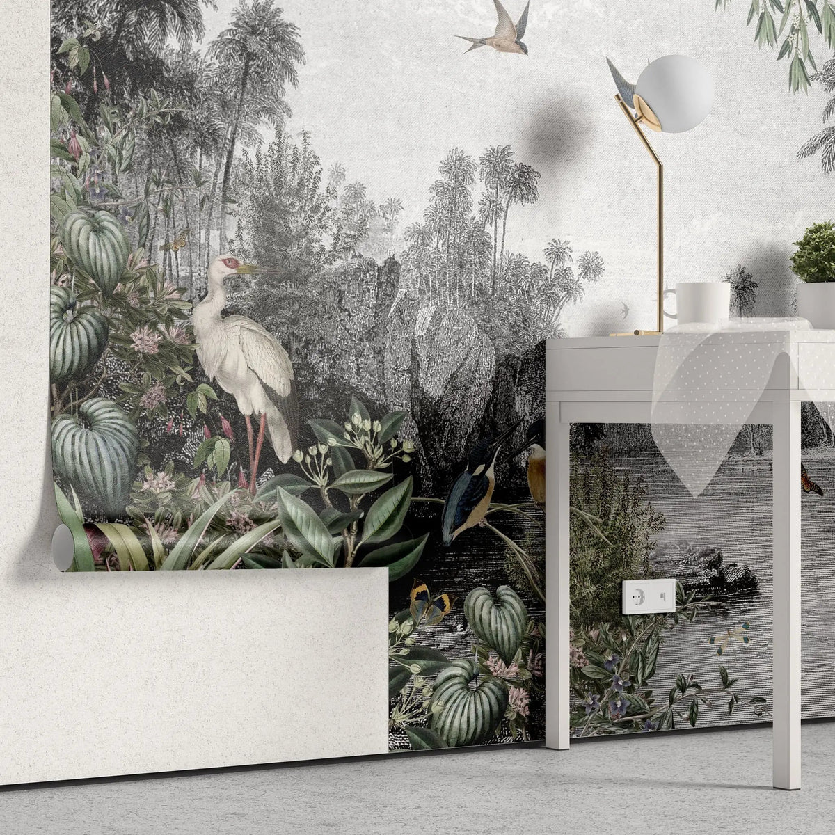 Tapet personalizat zen oriental cu peisaj exotic animale si plante tropicale exotic by the river