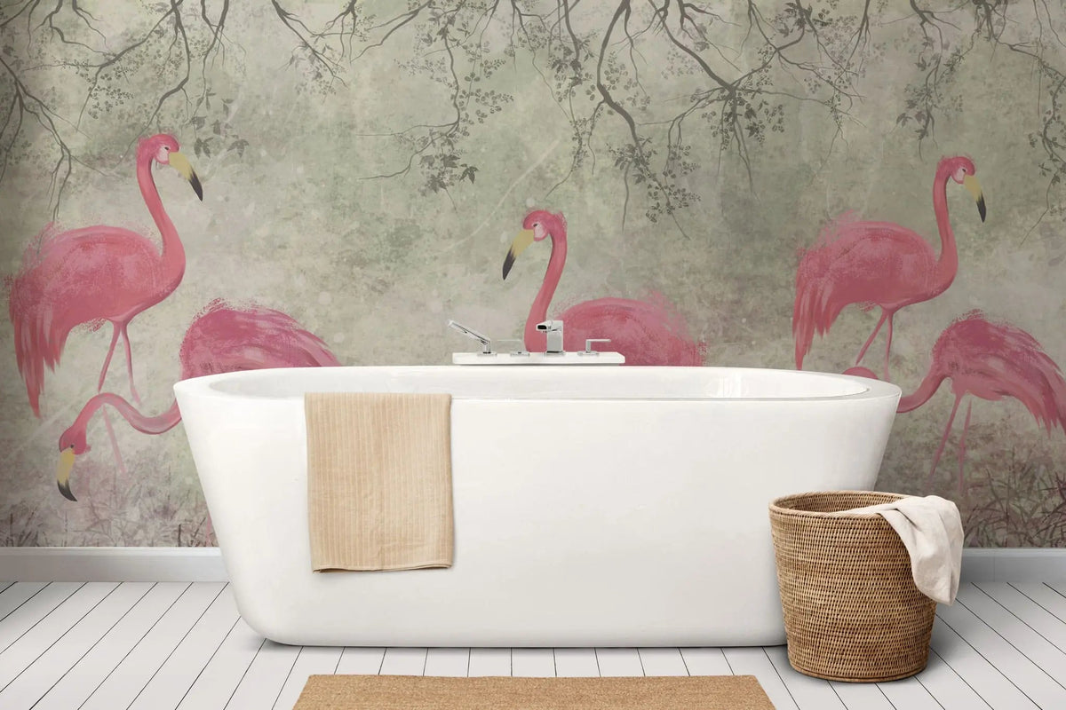 Tapet personalizat zen oriental cu pasari flamingo roz pe un fundal vernil minty flamingo
