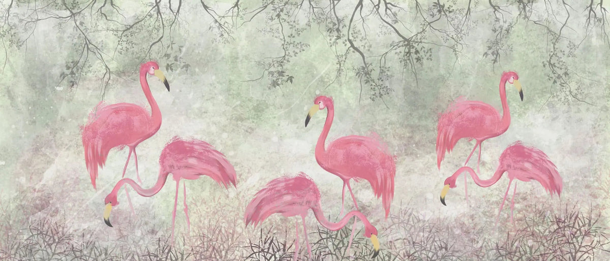 Tapet personalizat zen oriental cu pasari flamingo roz pe un fundal vernil minty flamingo
