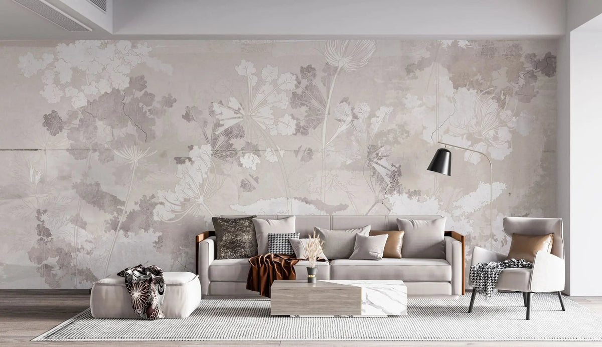 Tapet personalizat zen oriental cu flori albe pe un fundal bej deschis serenity light