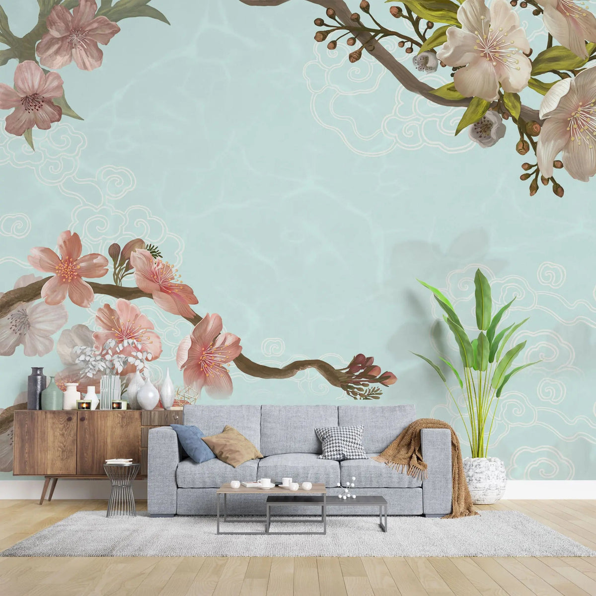 Tapet personalizat zen oriental cu flori de cries inflorite pe un fundal verde menta minty cherry blossom