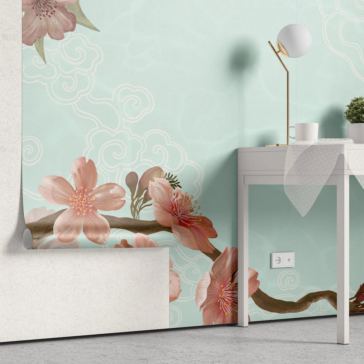 Tapet personalizat zen oriental cu flori de cries inflorite pe un fundal verde menta minty cherry blossom