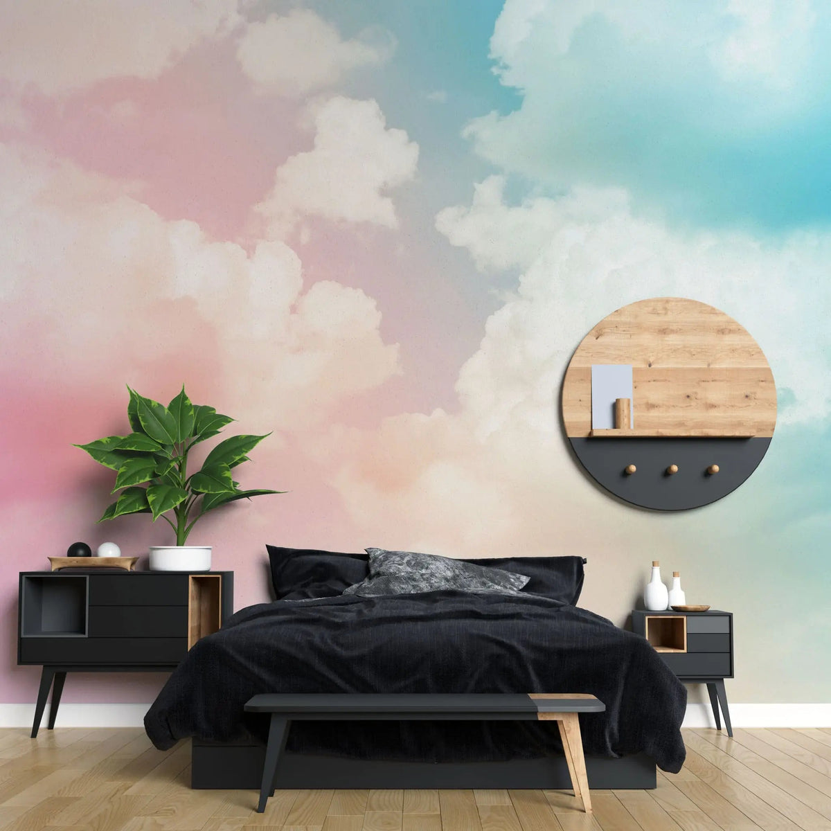 Tapet personalizat zen oriental cu nori visatori roz si albastri pink clouds