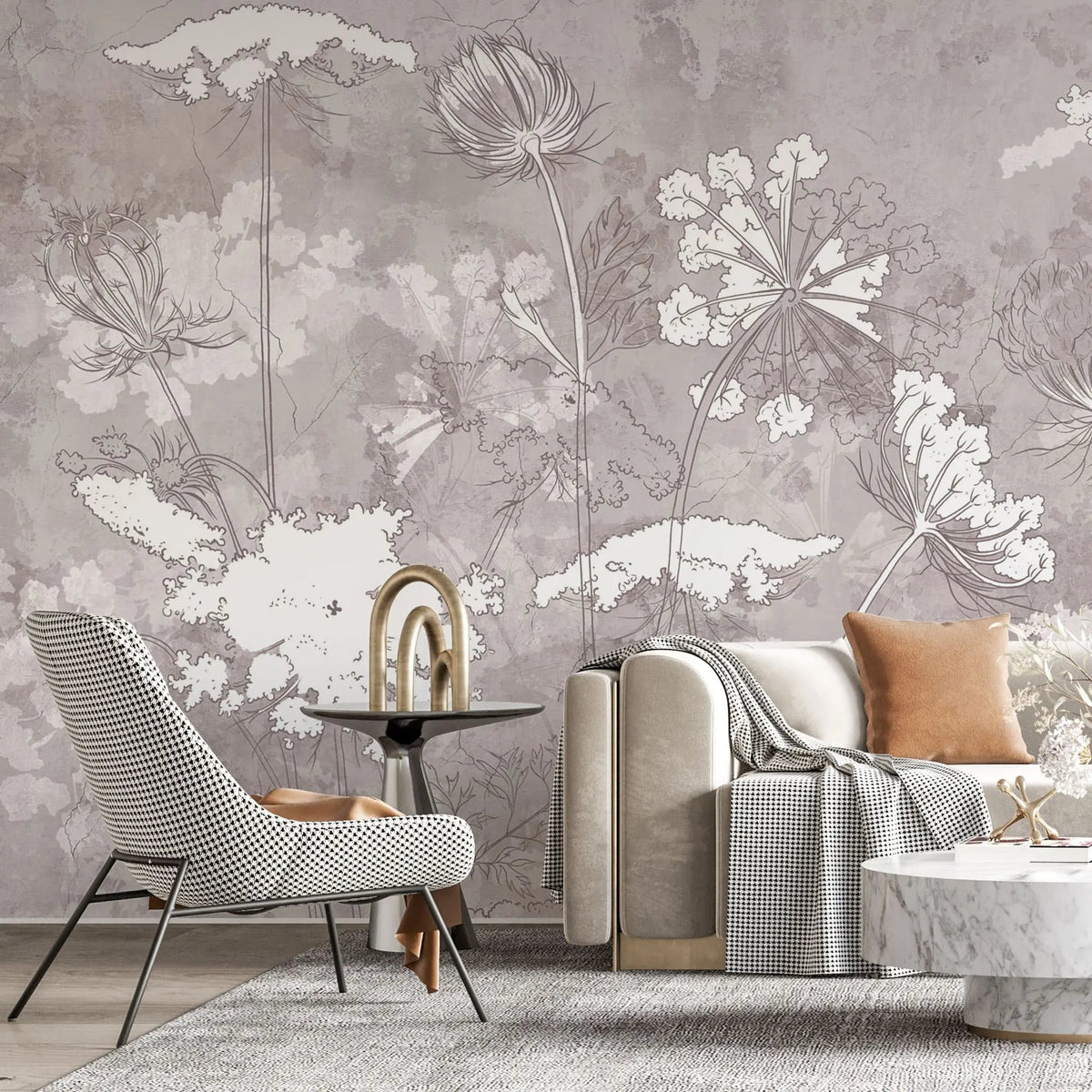 Tapet personalizat zen oriental cu flori albe pe un fundal bej inxhis serenity dark