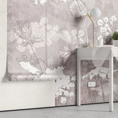 Tapet personalizat zen oriental cu flori albe pe un fundal bej inxhis serenity dark
