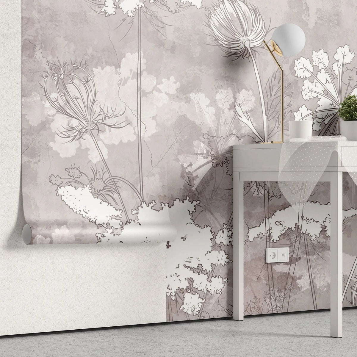 Tapet personalizat zen oriental cu flori albe pe un fundal bej inxhis serenity dark