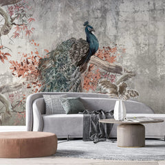 Tapet personalizat zen oriental cu paun intr un copac inflorit pe un fundal gri majestique peacock