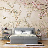 Tapet personalizat zen oriental in stil chinoiserie cu copaci infloriti si pasari orientale birdy chinoiserie