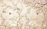 Tapet personalizat zen oriental in stil chinoiserie cu copaci infloriti si pasari orientale birdy chinoiserie
