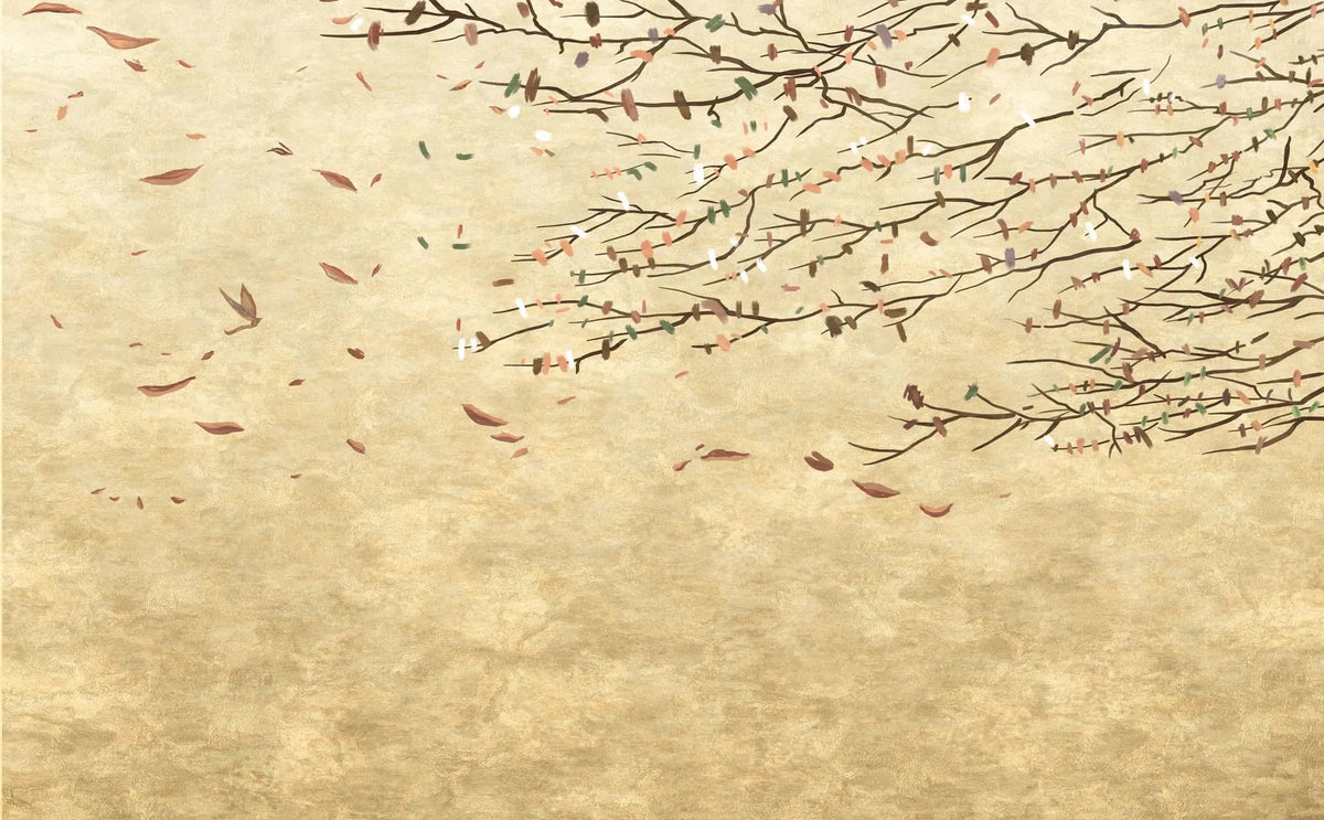 Tapet personalizat zen oriental cu frunze pictate purtate de vant  acrylic leaves
