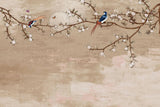 Tapet personalizat zen oriental cu crengi de cires inflorit si pasari colorate the cherry's song