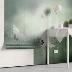 Tapet personalizat zen oriental cu peisaj in ceata verde cu cocori foggy green cranes