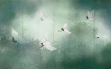 Tapet personalizat zen oriental cu peisaj in ceata verde cu cocori foggy green cranes