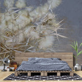 Tapet personalizat zen oriental cu stuf inflorit pe fundal gri albastru grey blue reed