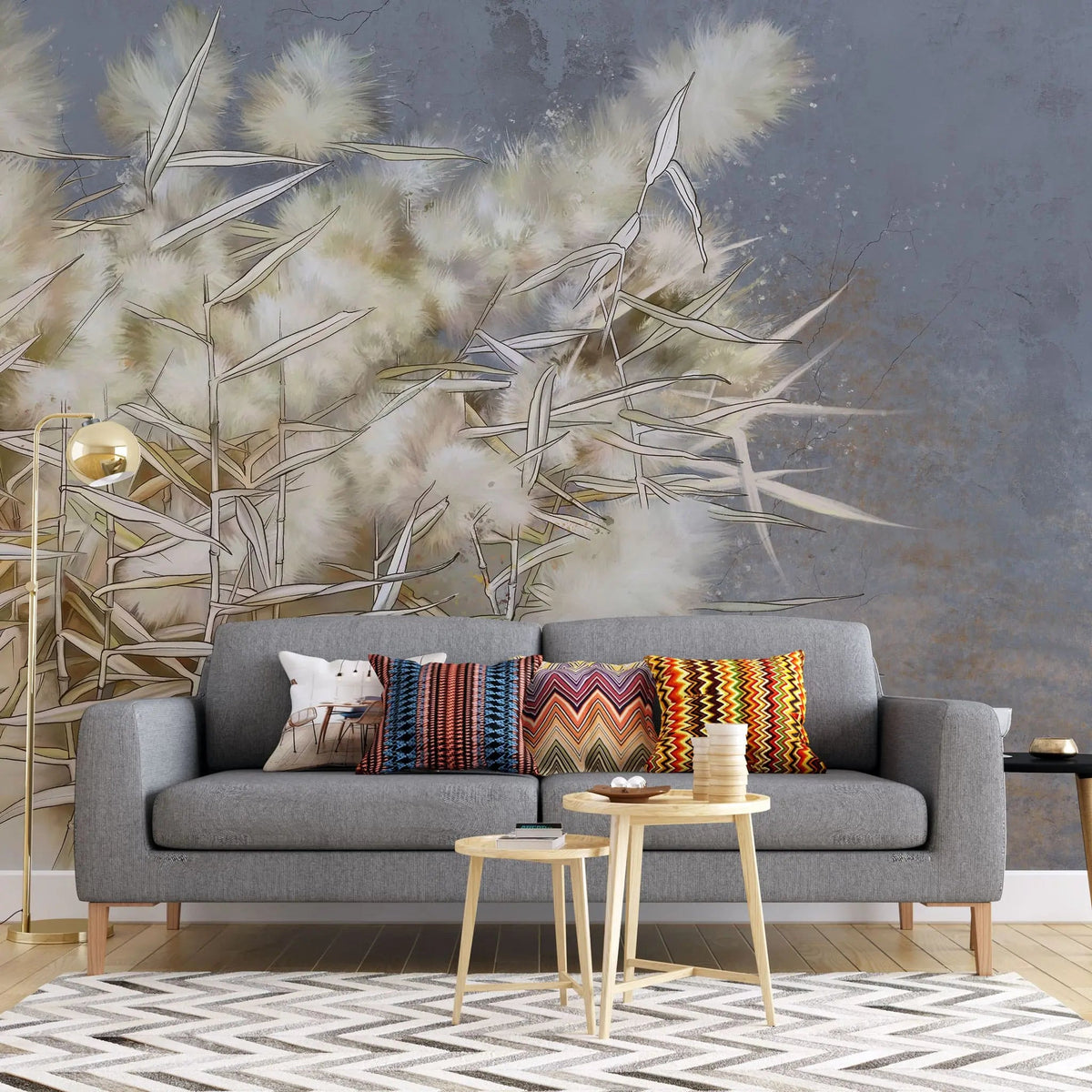 Tapet personalizat zen oriental cu stuf inflorit pe fundal gri albastru grey blue reed