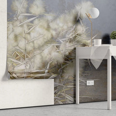 Tapet personalizat zen oriental cu stuf inflorit pe fundal gri albastru grey blue reed