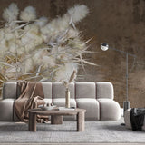 Tapet personalizat zen oriental cu stuf inflorit pe fundal maro brown reed