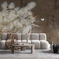 Tapet personalizat zen oriental cu stuf inflorit pe fundal maro brown reed