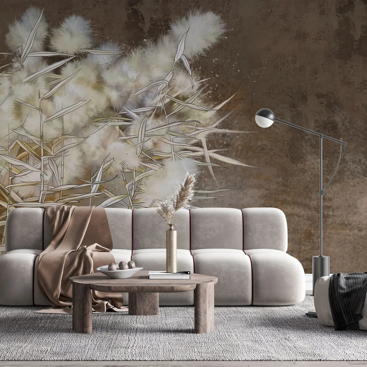 Tapet personalizat zen oriental cu stuf inflorit pe fundal maro brown reed