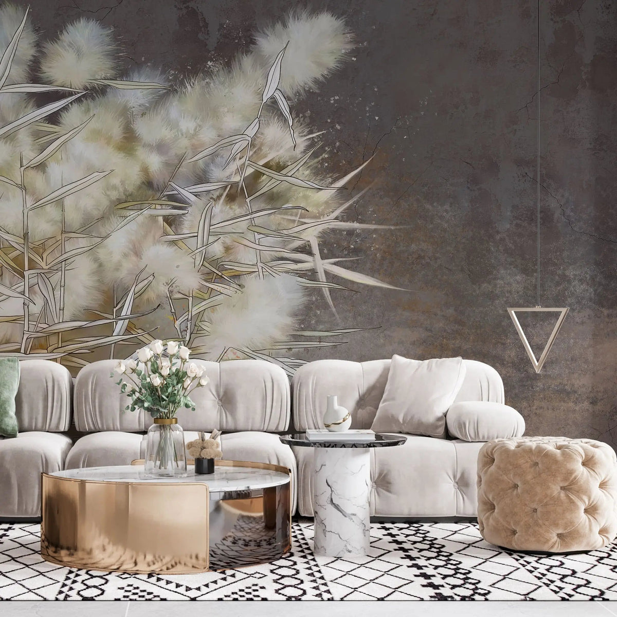 Tapet personalizat zen oriental cu stuf inflorit pe fundal maro inchis dark reed