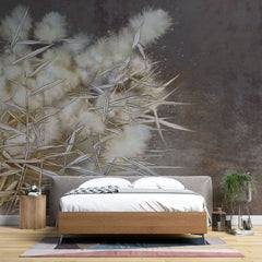 Tapet personalizat zen oriental cu stuf inflorit pe fundal maro inchis dark reed