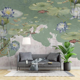 Tapet personalizat zen oriental in stil vintage cu flori de lotys pe fundal verde vintage lotus