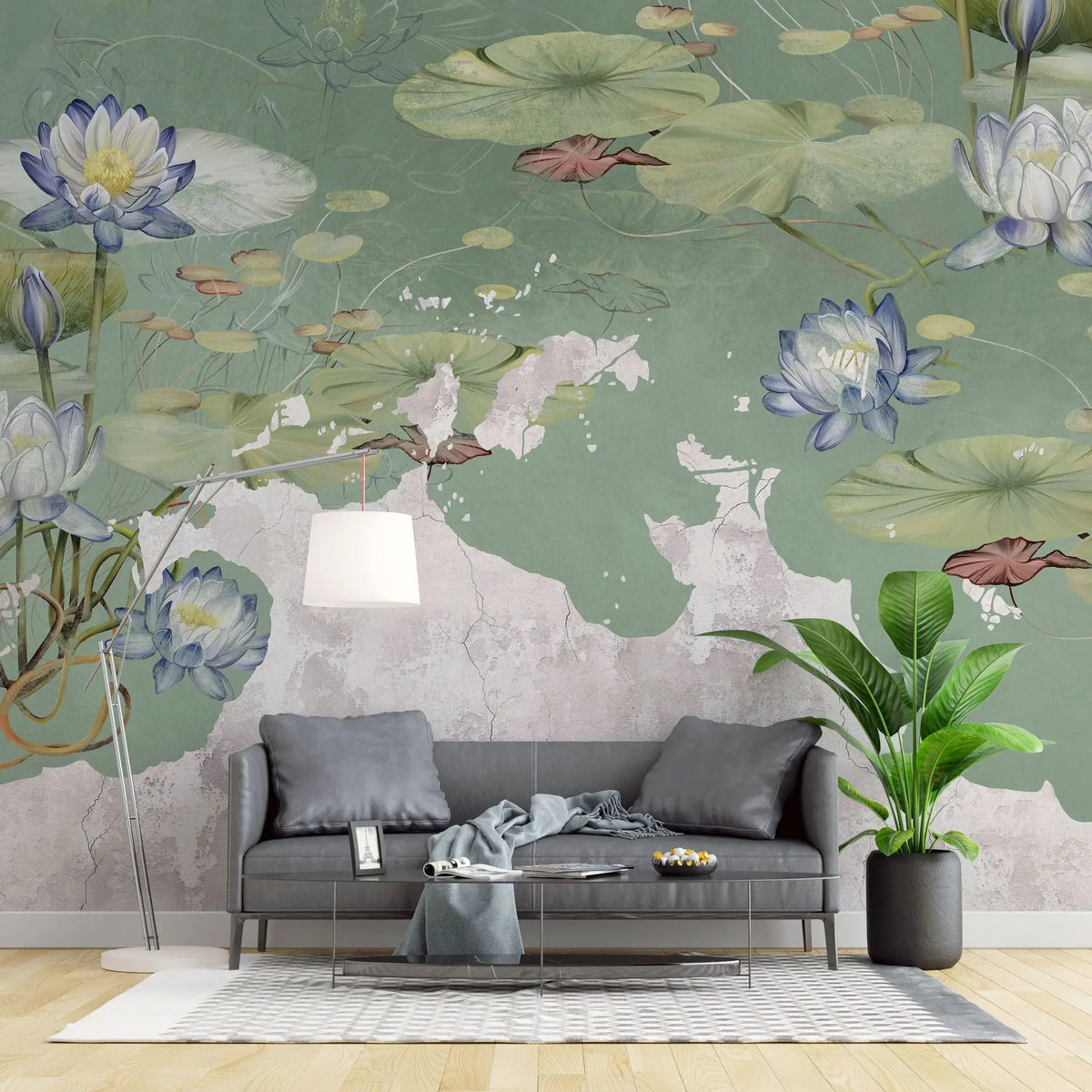 Tapet personalizat zen oriental in stil vintage cu flori de lotys pe fundal verde vintage lotus