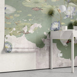 Tapet personalizat zen oriental in stil vintage cu flori de lotys pe fundal verde vintage lotus