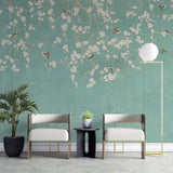 Tapet personalizat zen oriental in stil chinoiserie cu ramuri inflorite pe un fundal verde fistic pistachio chinoiserie