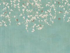 Tapet personalizat zen oriental in stil chinoiserie cu ramuri inflorite pe un fundal verde fistic pistachio chinoiserie