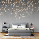 Fototapet personalizat zen oriental in stil chinoiserie cu ramuri inflorite pe un fundal gri degrade degrade chinoiserie