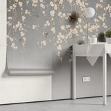Fototapet personalizat zen oriental in stil chinoiserie cu ramuri inflorite pe un fundal gri degrade degrade chinoiserie