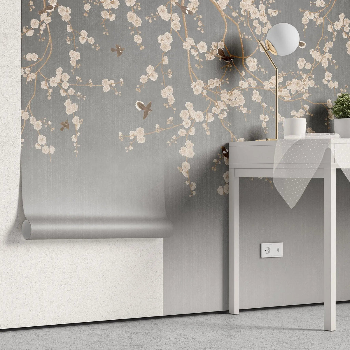 Fototapet personalizat zen oriental in stil chinoiserie cu ramuri inflorite pe un fundal gri degrade degrade chinoiserie