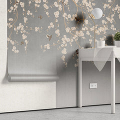 Fototapet personalizat zen oriental in stil chinoiserie cu ramuri inflorite pe un fundal gri degrade degrade chinoiserie