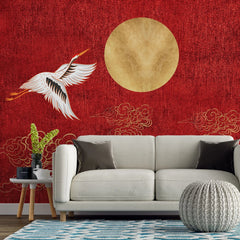 Tapet personalizat zen oriental in stil japonez pe un fundal rosu cu luna aurie si cocori golden japan