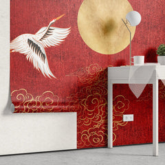 Tapet personalizat zen oriental in stil japonez pe un fundal rosu cu luna aurie si cocori golden japan