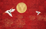Tapet personalizat zen oriental in stil japonez pe un fundal rosu cu luna aurie si cocori golden japan