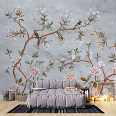 Tapet personalizat zen oriental in stil chinoiserie cu copaci infloriti si pasari orientale pe un fundal de piatra stone chinoiserie