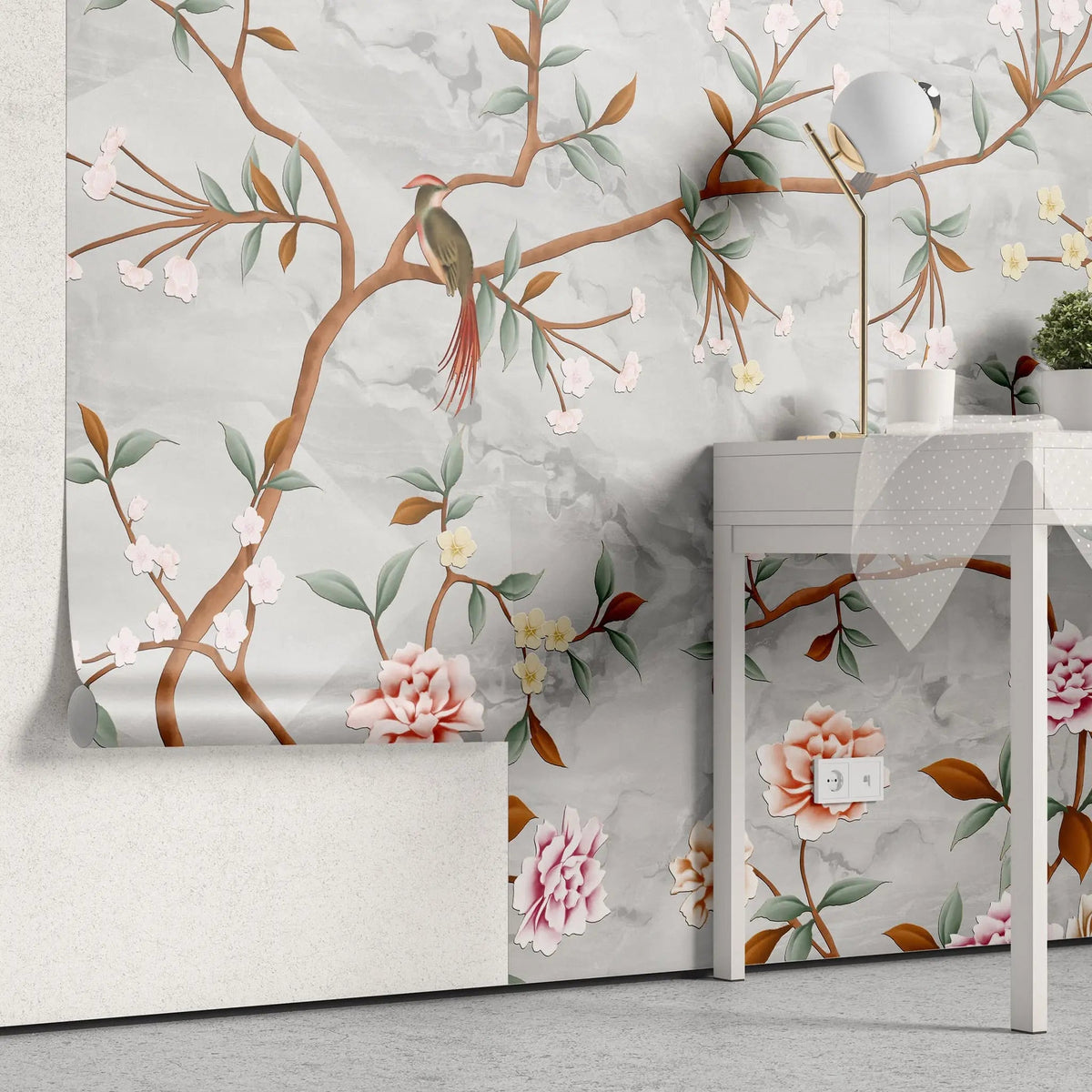 Tapet personalizat zen oriental in stil chinoiserie cu copaci infloriti si pasari orientale pe un fundal de piatra stone chinoiserie