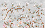Tapet personalizat zen oriental in stil chinoiserie cu copaci infloriti si pasari orientale pe un fundal de piatra stone chinoiserie