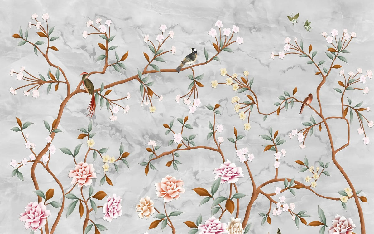 Tapet personalizat zen oriental in stil chinoiserie cu copaci infloriti si pasari orientale pe un fundal de piatra stone chinoiserie