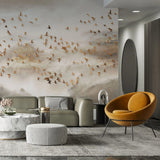 Tapet personalizat zen oriental cu stol de pasari in apus si ceata sunset flock