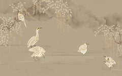 Tapet personalizat zen oriental cu cocori in apa in nuante sepia bathing cranes