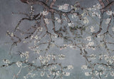 Tapet personalizat zen oriental cu copac inflorit pe un fundal albastru/gri inchis rainy spring