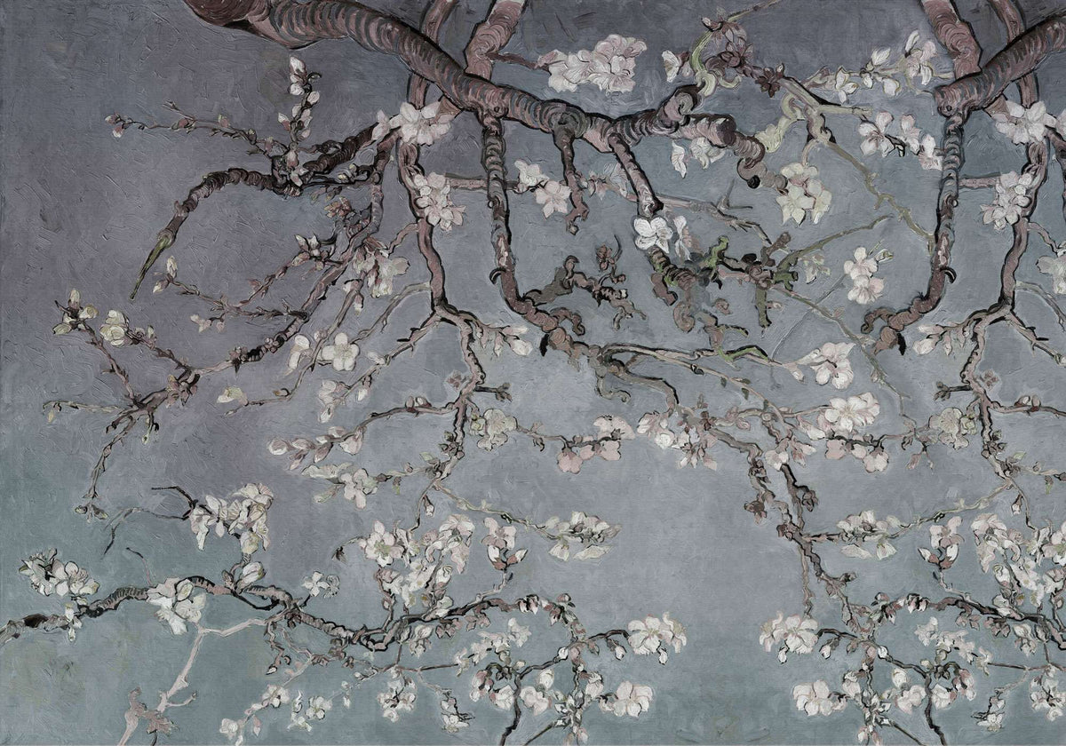 Tapet personalizat zen oriental cu copac inflorit pe un fundal albastru/gri inchis rainy spring
